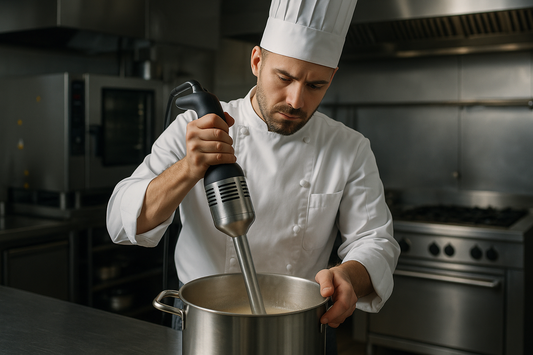 imagen de un turbolicuador de mano, siendo utilizado por un chef experto en un ambiente de cocina de restaurant o cocina industrial