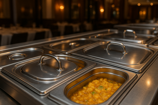 tapas de acero inoxidable para insertos, siendo tuilizados un una barra de un buffet de un restaurant