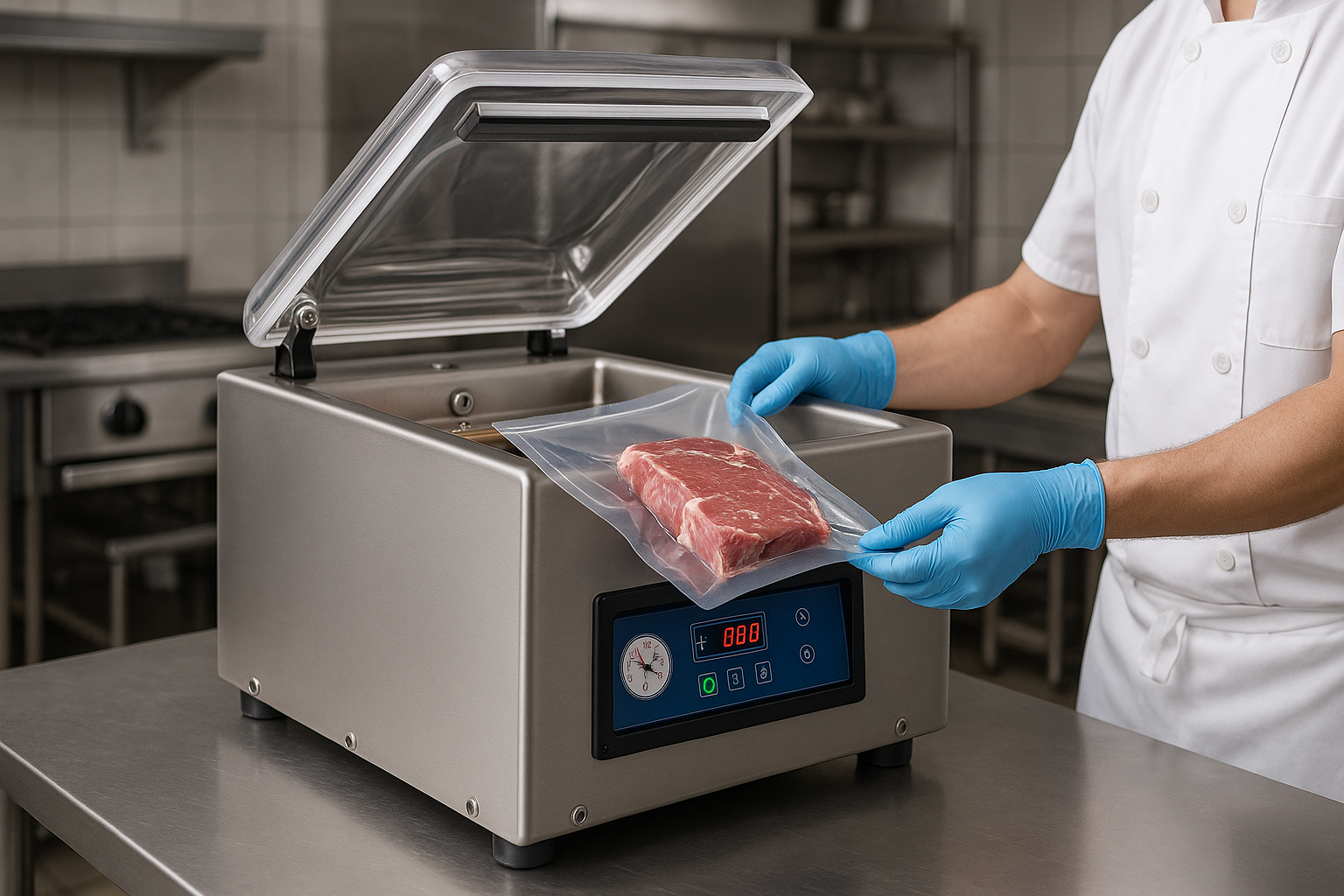 EMPACADORA AL ALTO VACIO SIENDO UTILIZADA PARA EMPACAR CARNE EN UN AMBIENTE DE COCINA INDUSTRIAL