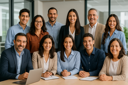 IMAGEN DE UN EQUIPO DE TRABAJO DE 10 PERSONAS ENTRE MUJERES Y HOMBRES DE RASGOS LATINOS 