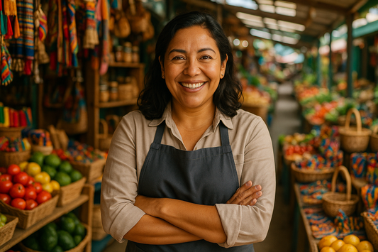 imagen de una dueña de un negocio, en un comercio en un mercado, rasgos latinos, sontiendo