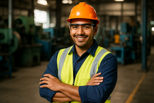 imagen de una trabajador de la industria, con su vestimenta de seguridad, cruzado de manos sonriendo, con caracteristicas fisicas latinas, demostrando confianza y calidez 
