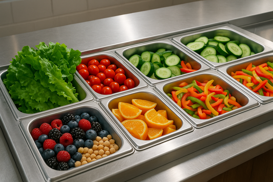 imagen de unos insertos de acero inoxidable utilizados en una barra fria de un restaurant con comida saludable o ensaladas, frutas y verduras