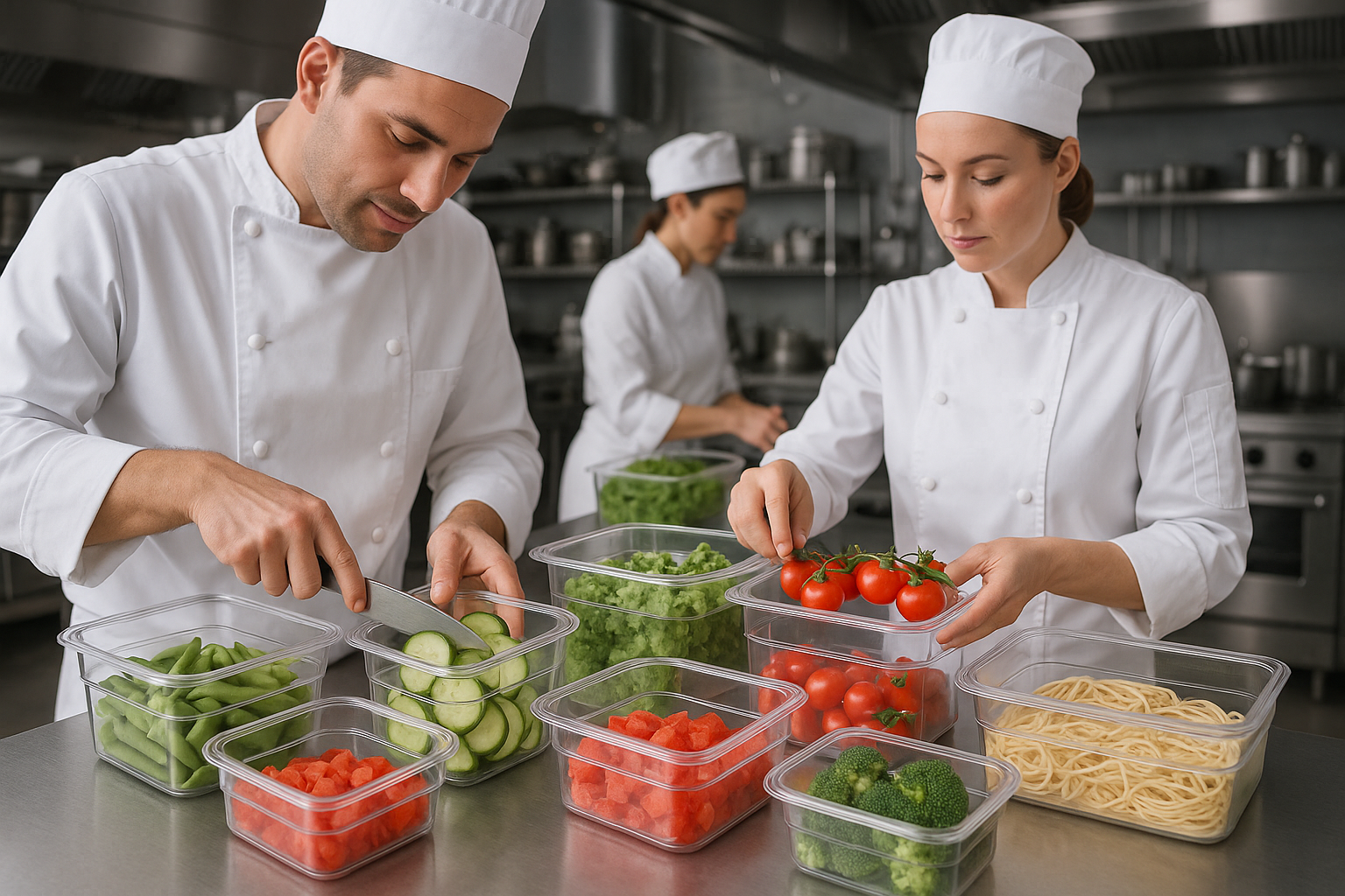 INSERTOS DE POLICARBONATO RECTANGULARES, IMAGEN SIENDO UTILIZADOS EN UNA COCINA INDUSTRIAL PARA ALMACENAR O MANEJAR ALIMENTOS
